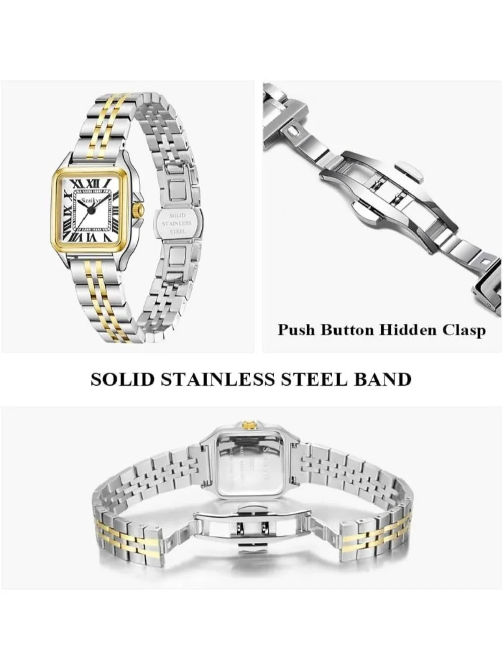 Women's Silver& Gold-Black Square Dial Dainty Vintage Stainless Steel Band Watch